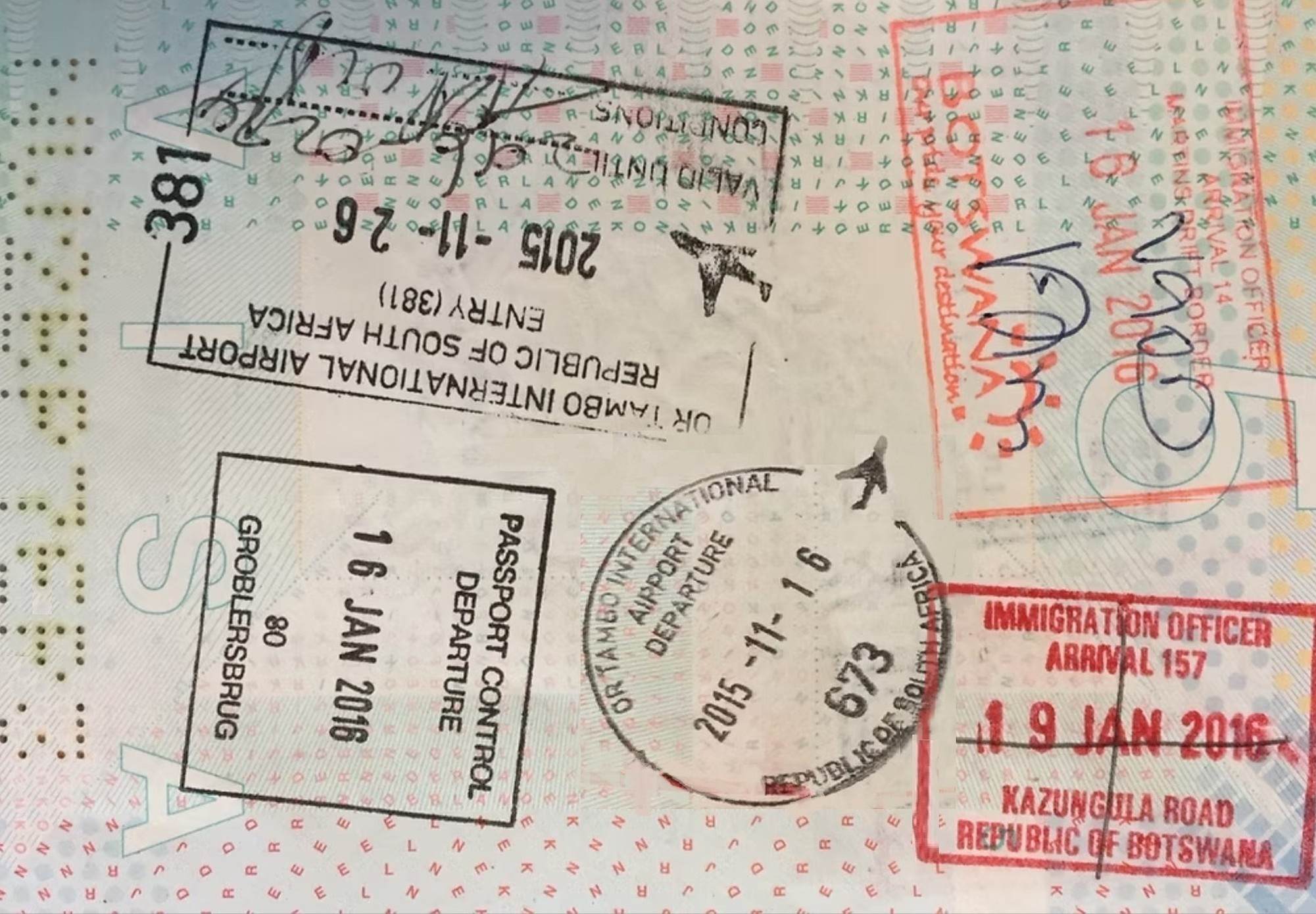 paspoort met verschillende visa Zuidelijk Afrika