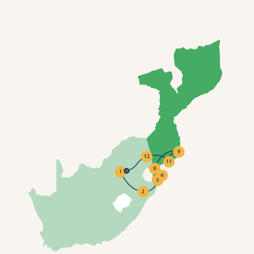 routekaartje van de groepsreis Zuid-Afrika-Mozambique